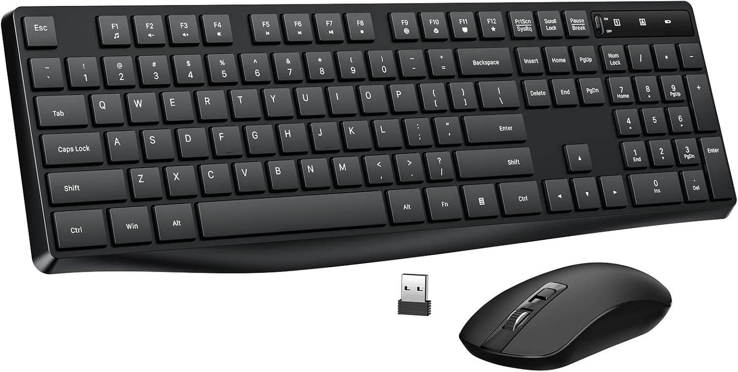 Wireless Keyboard and Mouse Combo,  2.4G Full-Sized Ergonomic Keyboard Mouse, 3 DPI Adjustable Cordless USB Keyboard and Mouse, Quiet Click for Computer/Laptop/Windows/Mac (1 Pack, Black)