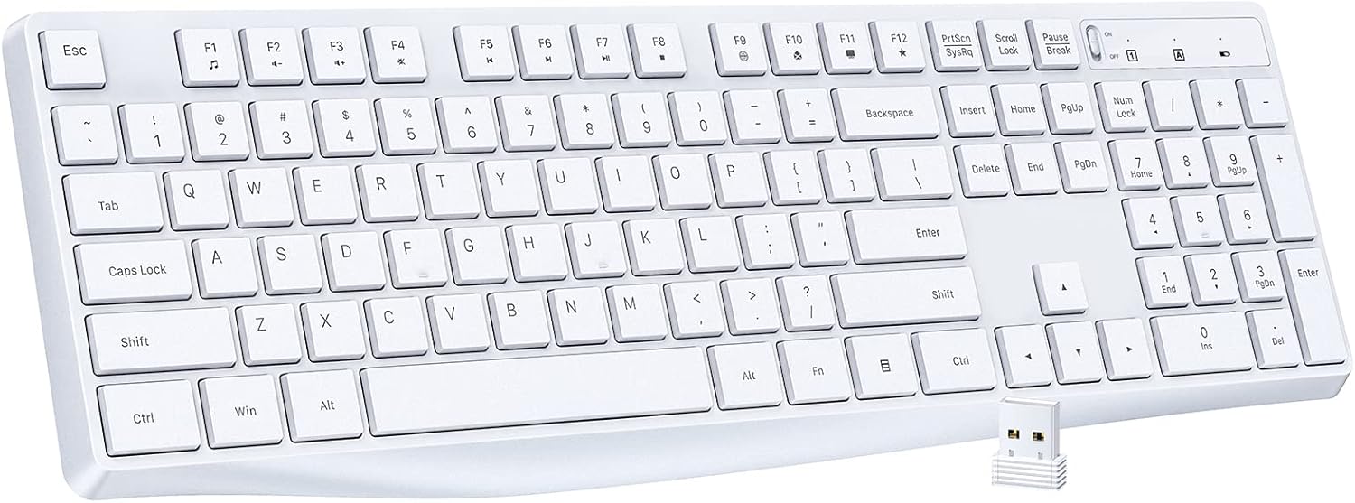 Wireless Keyboard, 2.4G Ergonomic Wireless Computer Keyboard, Enlarged Indicator Light, Full Size PC Keyboard with Numeric Keypad for Laptop, Desktop, Surface, Chromebook, Notebook, Snow White