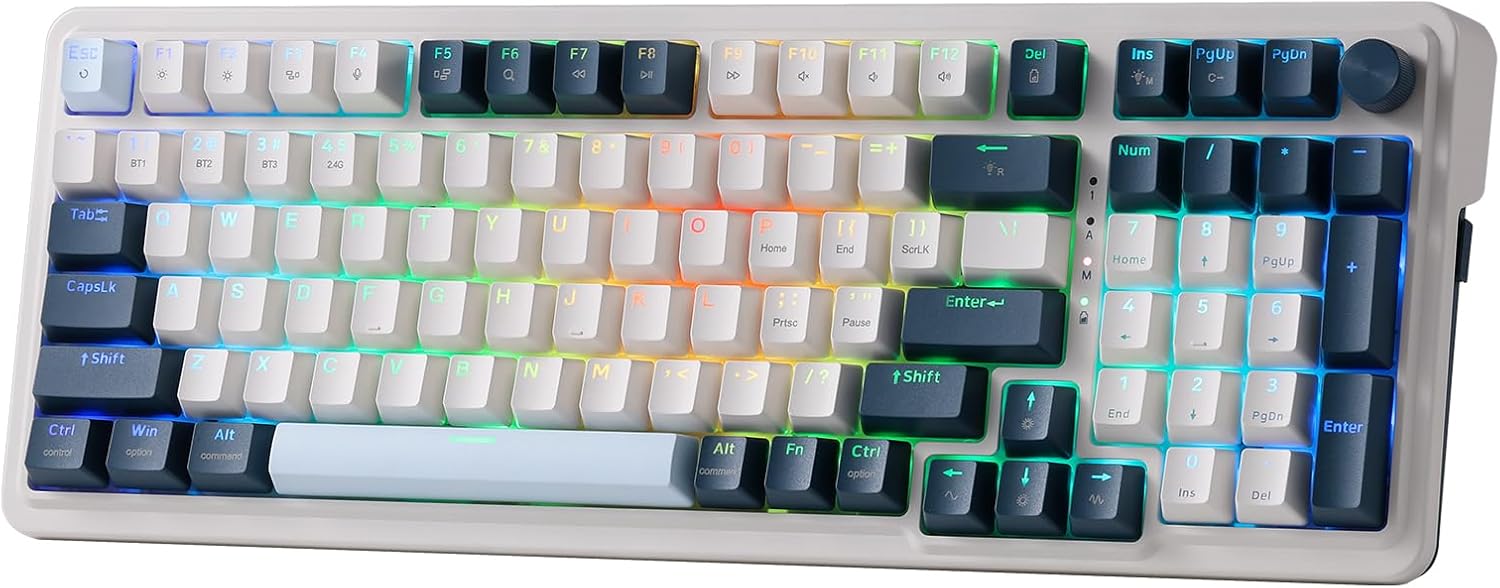 Keys Wireless Gasket RGB Gaming Keyboard, 3-Mode Win/Mac Mechanical Keyboard w/5-Layer Noise Dampening, Dedicated Knob Control & Hot-Swap in Linear Red Switch, Blue Himmel Color