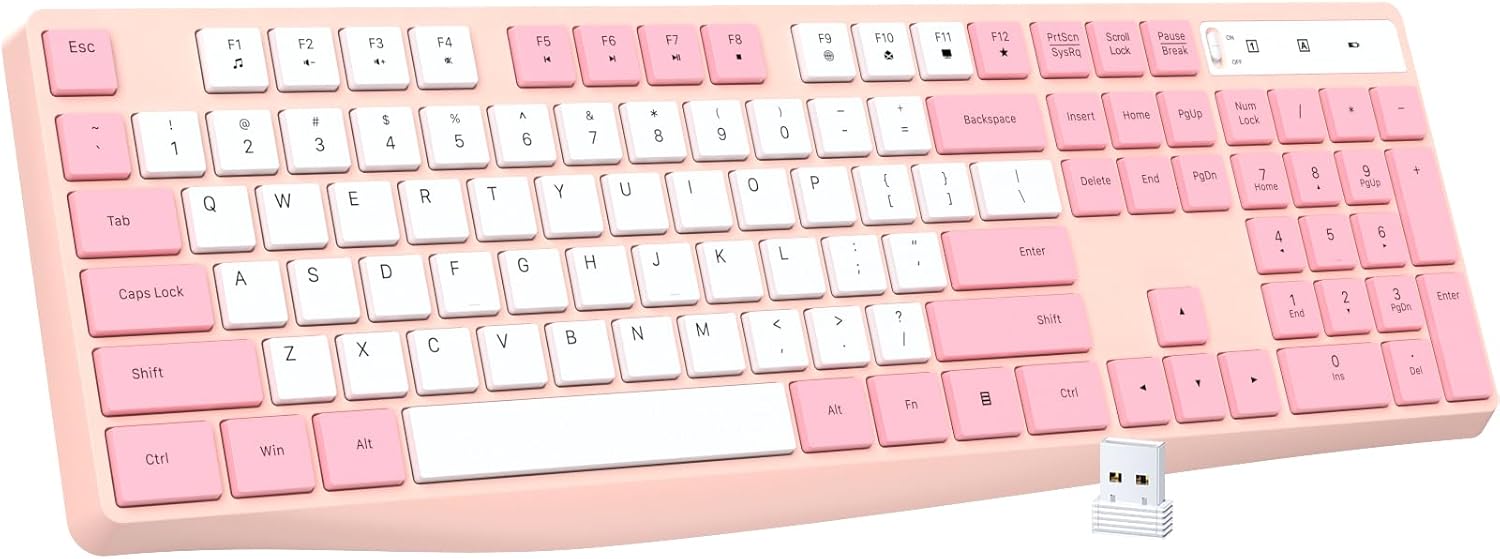 Wireless Keyboard, 2.4G Ergonomic Wireless Computer Keyboard, Enlarged Indicator Light, Full Size PC Keyboard with Numeric Keypad for Laptop, Desktop, Surface, Chromebook, Notebook,PinkWhite