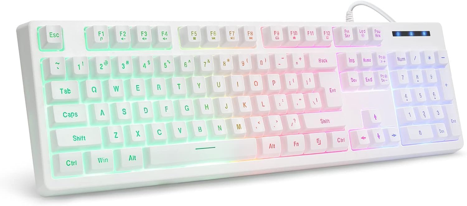 White Gaming Keyboard USB Wired with Rainbow LED Backlit, Floating Keys, Mechanical Feeling, Spill Resistant, Ergonomic for Xbox, PS Series, Desktop, Computer, PC