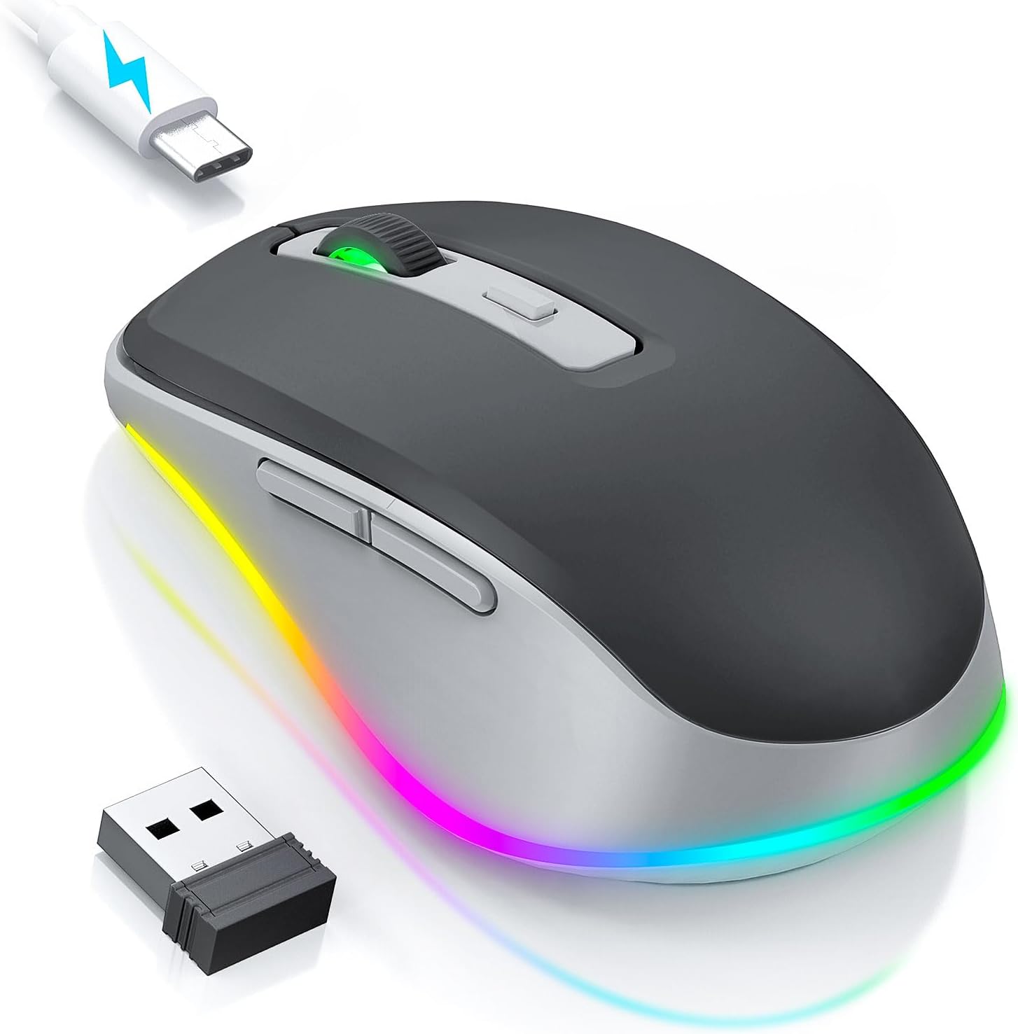 Wireless Mouse Jiggler - LED Wireless Mice with Build-in Mouse Mover, Rechargeable Moving Mouse for Laptop with Undetectable Random Movement Keeps Computers Awake - Black & Grey