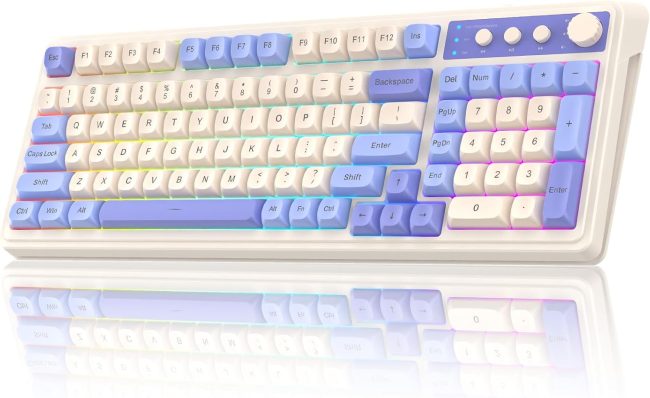 99 Key Keyboard, Tri-Mode Bluetooth/2.4GHz/USB-C Cute Creamy Gaming Keyboard with Number Pad RGB Backlit, Media Knob Custom Mechanical Feel Computer Keyboards for MAC Xbox PC Gamer - Purple