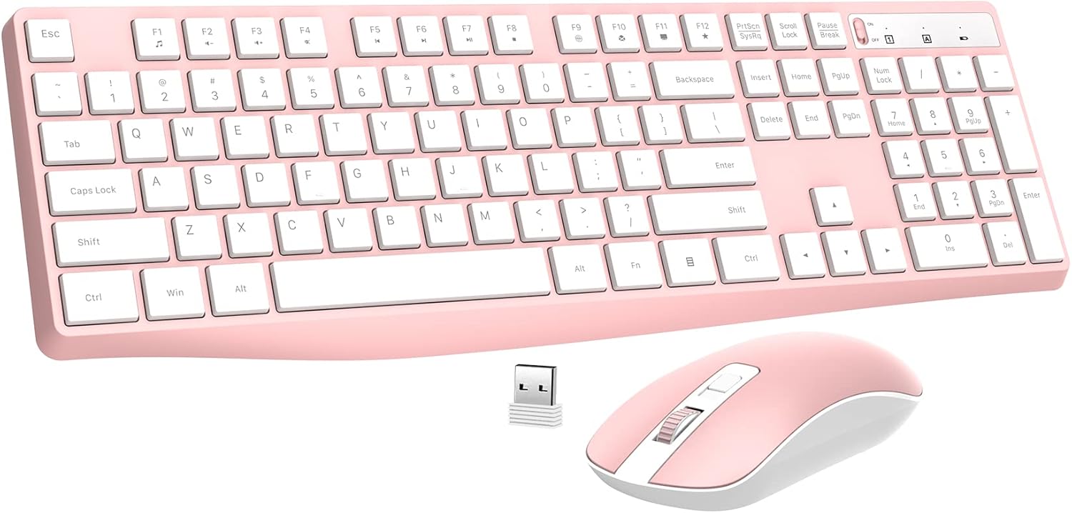 Wireless Keyboard and Mouse Combo,  2.4G Full-Sized Ergonomic Keyboard Mouse, 3 DPI Adjustable Cordless USB Keyboard and Mouse, Quiet Click for Computer/Laptop/Windows/Mac (1 Pack, Pink)