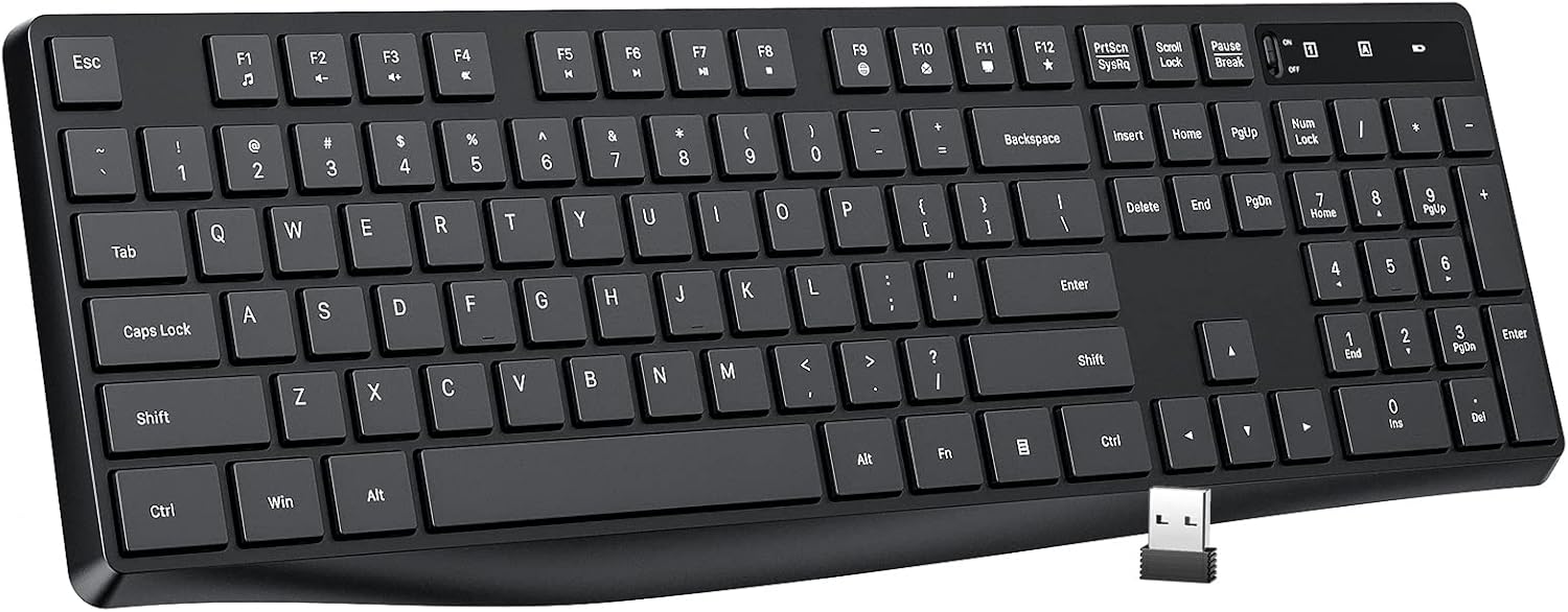 Wireless Keyboard, 2.4G Ergonomic, Computer Keyboard, Enlarged Indicator Light, Full Size PC Keyboard with Numeric Keypad for Laptop, Desktop, Surface, Chromebook, Notebook, Black