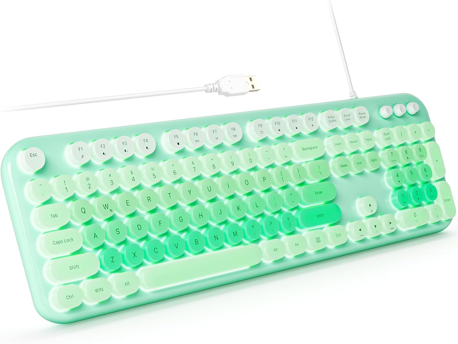 Backlit Keyboard Wired, Retro Typewriter Keyboard with Illuminated LED, Cute Full Size Computer Keyboards Plug and Play for PC Laptop Desktop - Light Green
