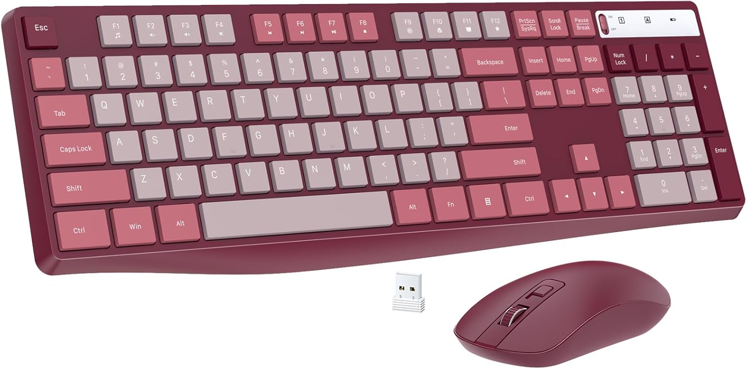 Wireless Keyboard and Mouse Combo,  2.4G Full-Sized Ergonomic Keyboard Mouse, 3 DPI Adjustable Cordless USB Keyboard and Mouse, Quiet Click for Computer/Laptop/Windows/Mac (1 Pack, Rose)
