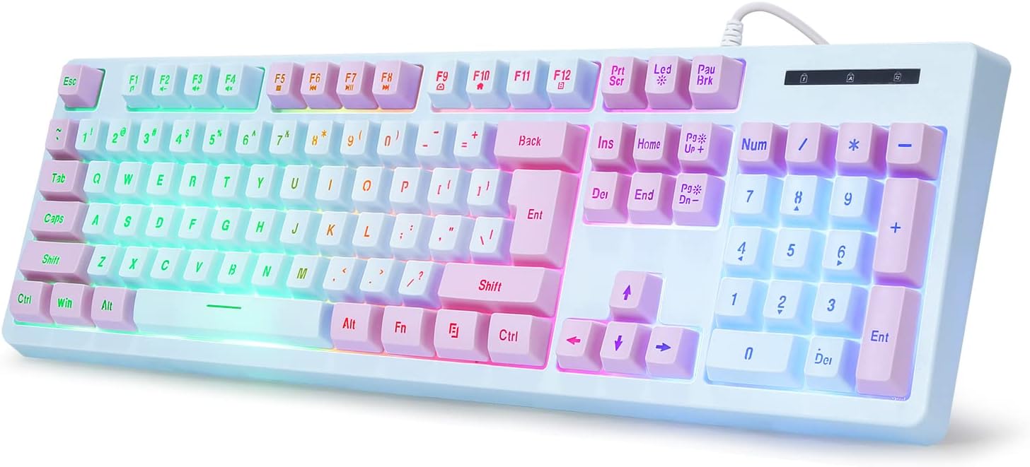 Gaming Keyboard USB Wired with Rainbow LED Backlit, Floating Keys, Mechanical Feeling, Spill Resistant, Ergonomic for Xbox, PS Series, Desktop, Computer, PC, Blue Purple