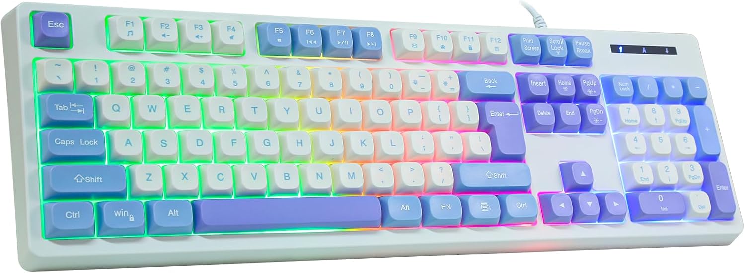 Wired Gaming Keyboard with Rainbow LED Backlit, Floating Keys, Mechanical Feeling, Spill Resistant, Ergonomic Full Size for Xbox, PS Series, Desktop, Computer, PC (White Blue)