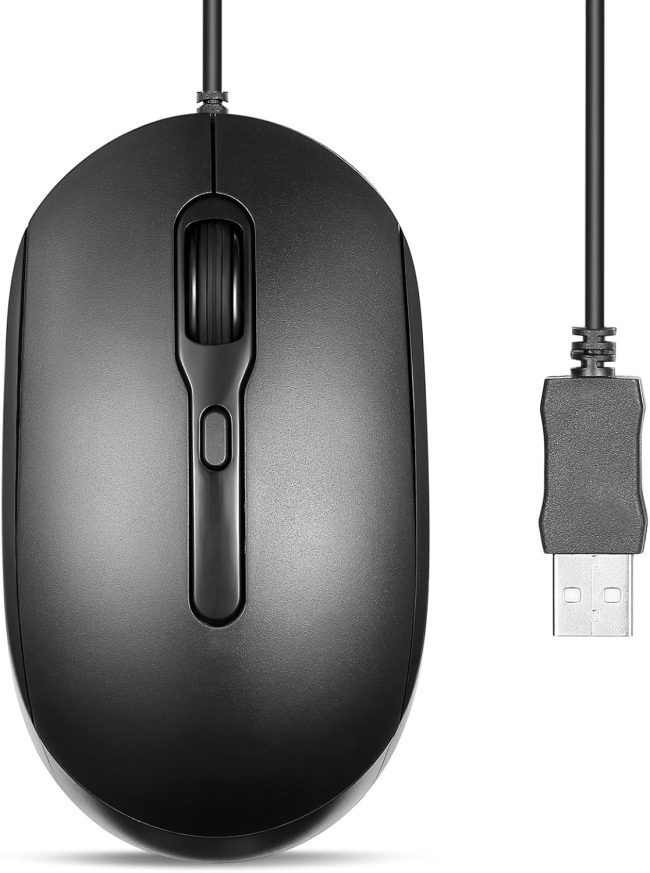 Wired USB Optical Mouse, Long 5.9 Ft Cable, Adjustable DPI 1200/1600/2000, Silent Clicks, Ergonomic Design, Black