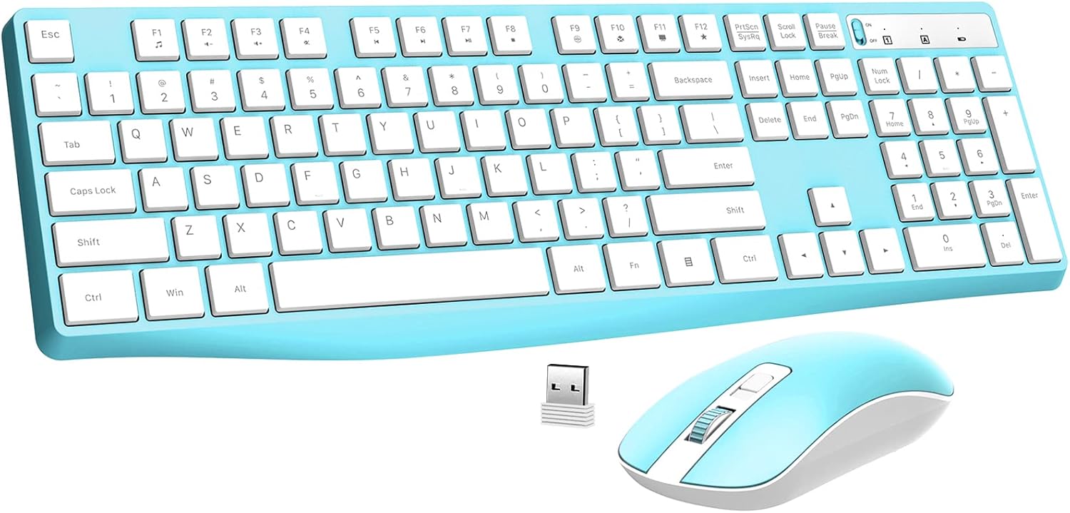 Wireless Keyboard and Mouse Combo,  2.4G Full-Sized Ergonomic Keyboard Mouse, 3 DPI Adjustable Cordless USB Keyboard and Mouse, Quiet Click for Computer/Laptop/Windows/Mac (1 Pack, Blue)