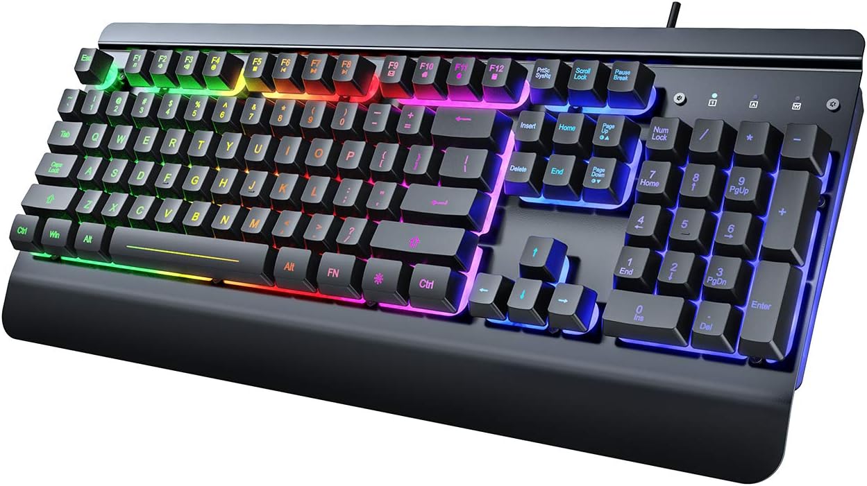 Gaming Keyboard, 104 Keys All-Metal Panel, Rainbow LED Backlit Silent Computer Keyboard, Wrist Rest, Multimedia Keys, Anti-Ghosting, Waterproof Light Up Wired Keyboard for PC Mac Gamer
