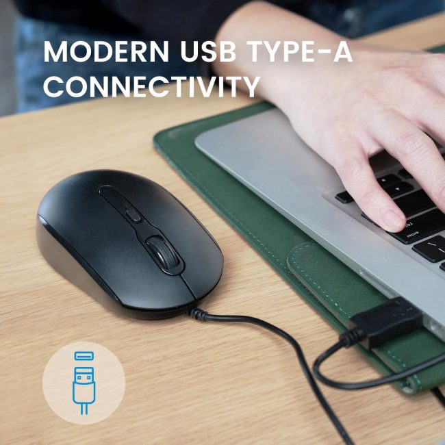 Wired USB Optical Mouse, Long 5.9 Ft Cable, Adjustable DPI 1200/1600/2000, Silent Clicks, Ergonomic Design, Black - Image 2