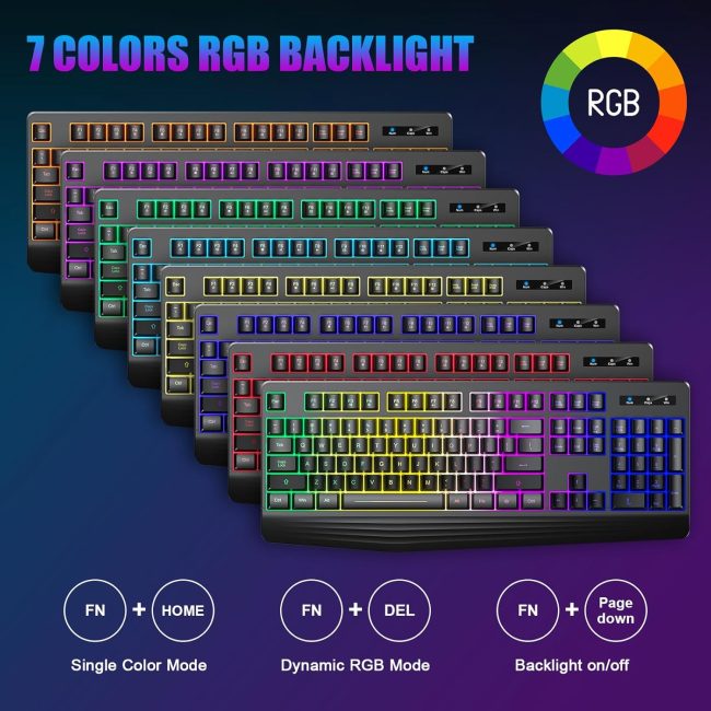 Wireless Gaming Keyboard, RGB & Single-Color Backlit, Full-Size Waterproof Computer Keyboard, Silent Keys, Wrist Rest, Sleep Mode, Rechargeable 2.4G Wireless Keyboardfor Windows, Mac, PC, Laptop - Image 2