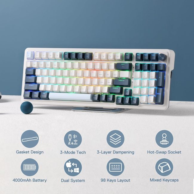 Keys Wireless Gasket RGB Gaming Keyboard, 3-Mode Win/Mac Mechanical Keyboard w/5-Layer Noise Dampening, Dedicated Knob Control & Hot-Swap in Linear Red Switch, Blue Himmel Color - Image 2