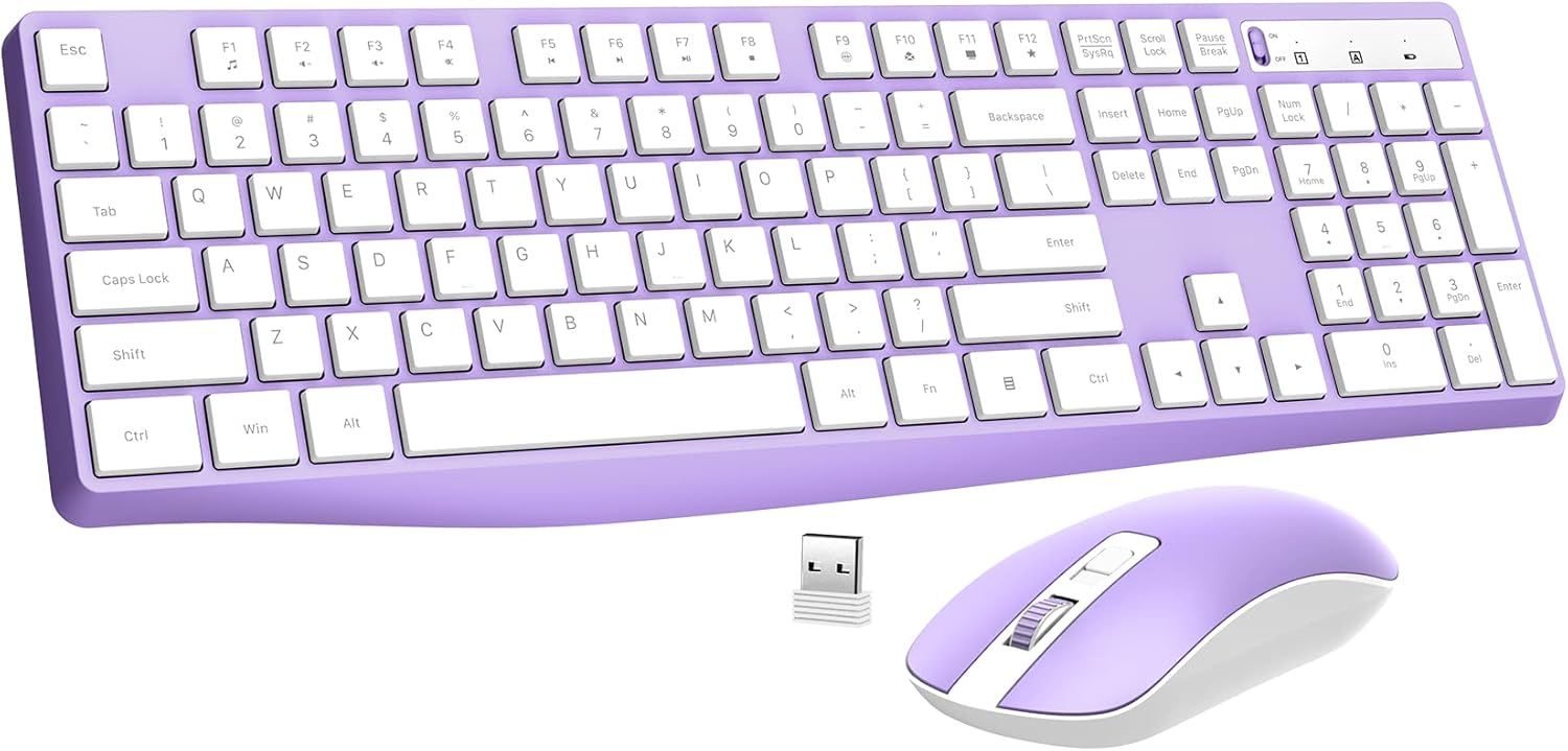 Wireless Keyboard and Mouse Combo,  2.4G Full-Sized Ergonomic Keyboard Mouse, 3 DPI Adjustable Cordless USB Keyboard and Mouse, Quiet Click for Computer/Laptop/Windows/Mac (1 Pack, Purple)