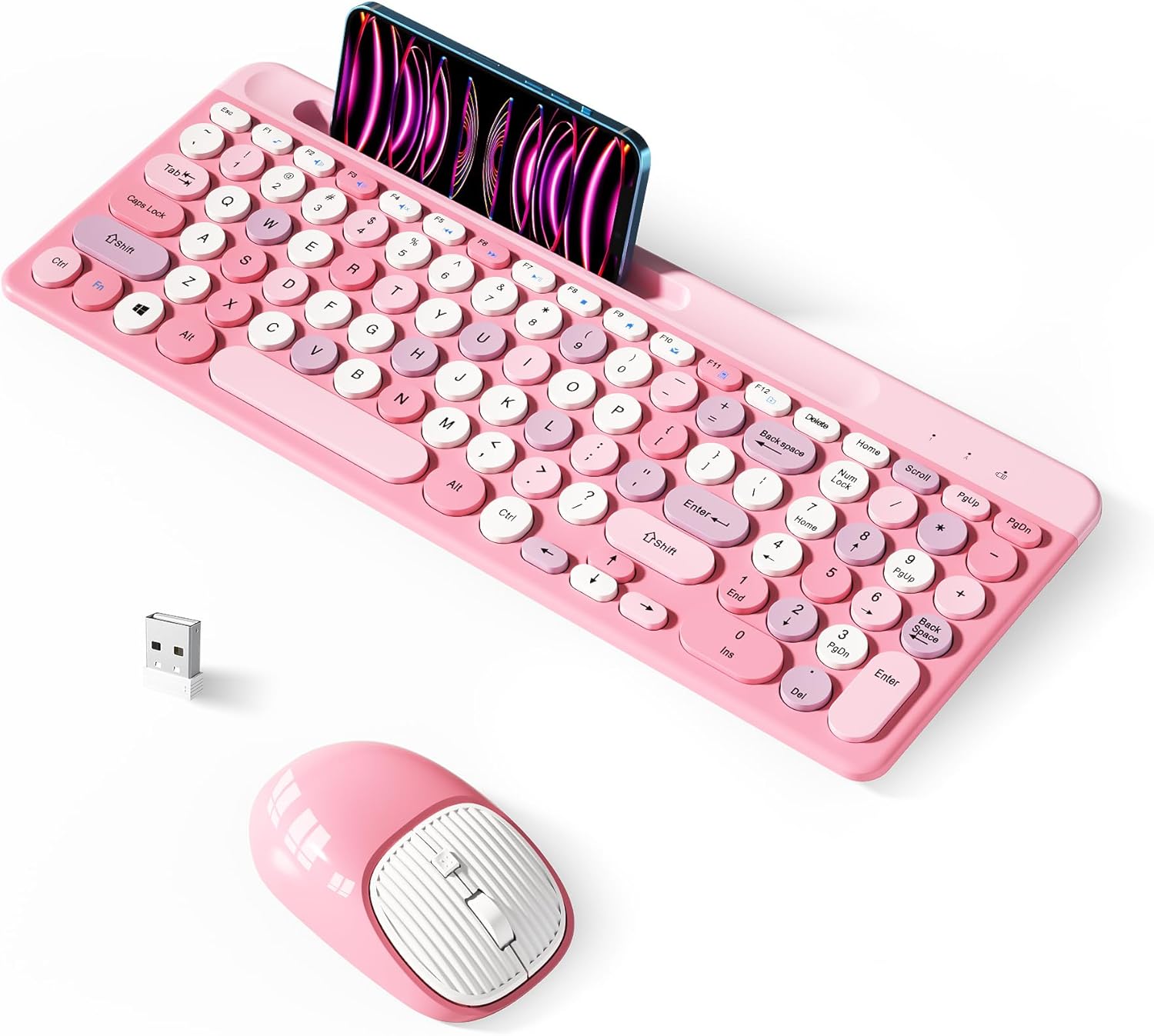Wireless Keyboard and Mouse Combo, Retro Wireless Keyboard with Round Keycaps, 2.4GHz Full-Size USB Cute Wireless Keyboard Mouse for Computer, Desktop, Laptop and Computer (Pink-Colorful)