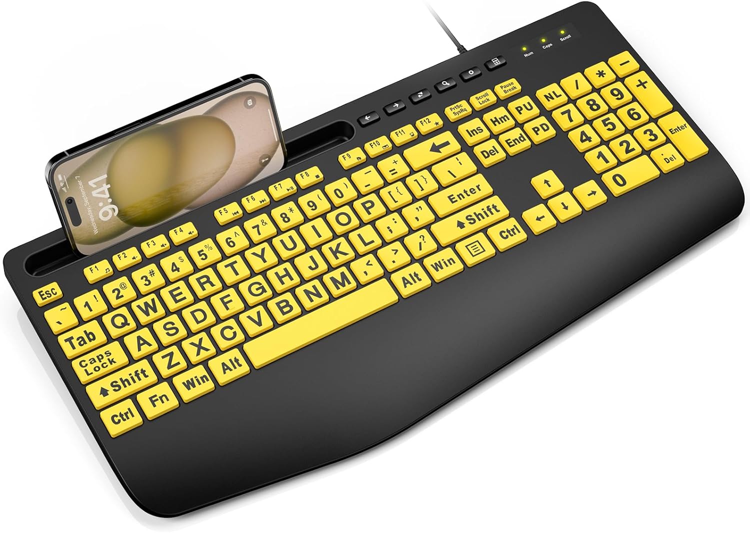 Large Print Keyboard Wired Computer Keyboards with Wrist Rest, Phone Holder, Big Letters Easy to Read Compatible Windows, Desktop, Laptop, Yellow