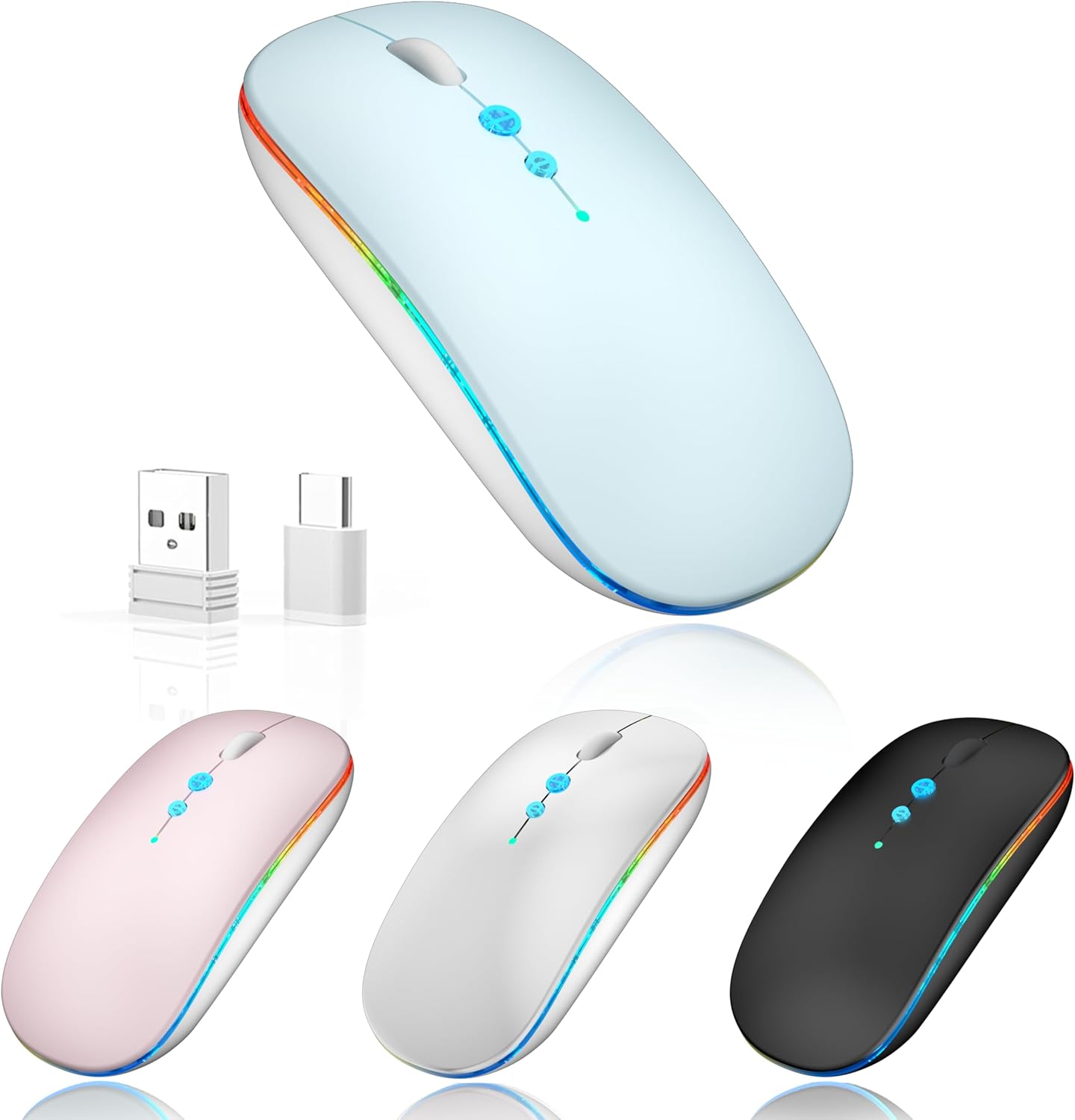 LED Wireless Mouse A100S Rechargeable Portable Silent Mouse with Optional USB and Type-C Receiver 3-Speed Adjustable DPI for PC/Mac/Laptop (Frosted Blue)