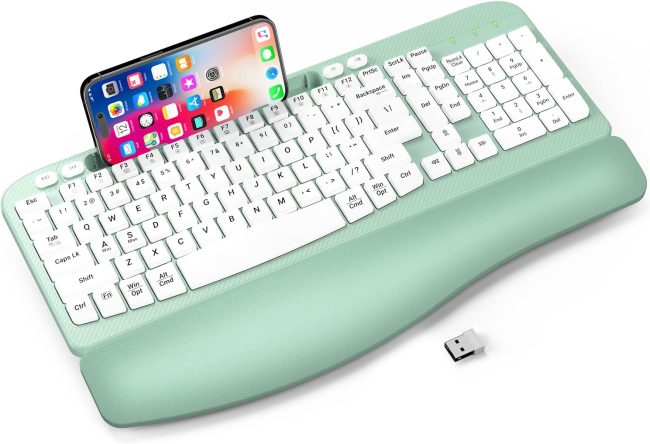 Ergonomic Wireless Keyboard with Cushioned Wrist Rest, Wave Keys, Phone Holder, Comfortable Natural Typing, 2.4GHz Full Size Silent Cordless USB Computer Keyboard for Laptop, Mac, Windows (Mint Green)