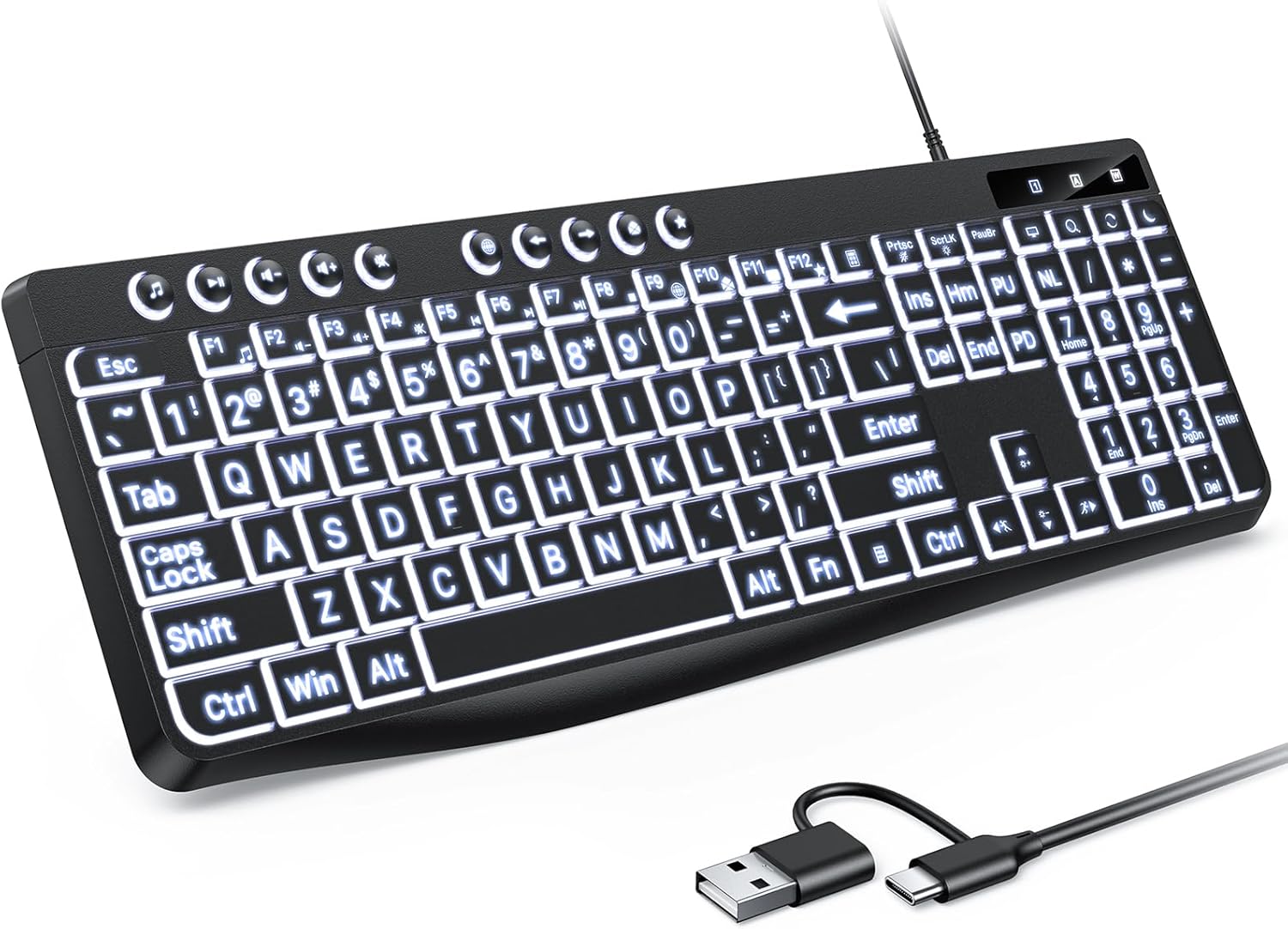 Large Print Keyboard Wired with Dual Interface (Type-C and USB), Oversize Font Key with White Backlit Easier to See and Type, Full Size Computer Keyboard Compatible with Windows, PC, Laptop