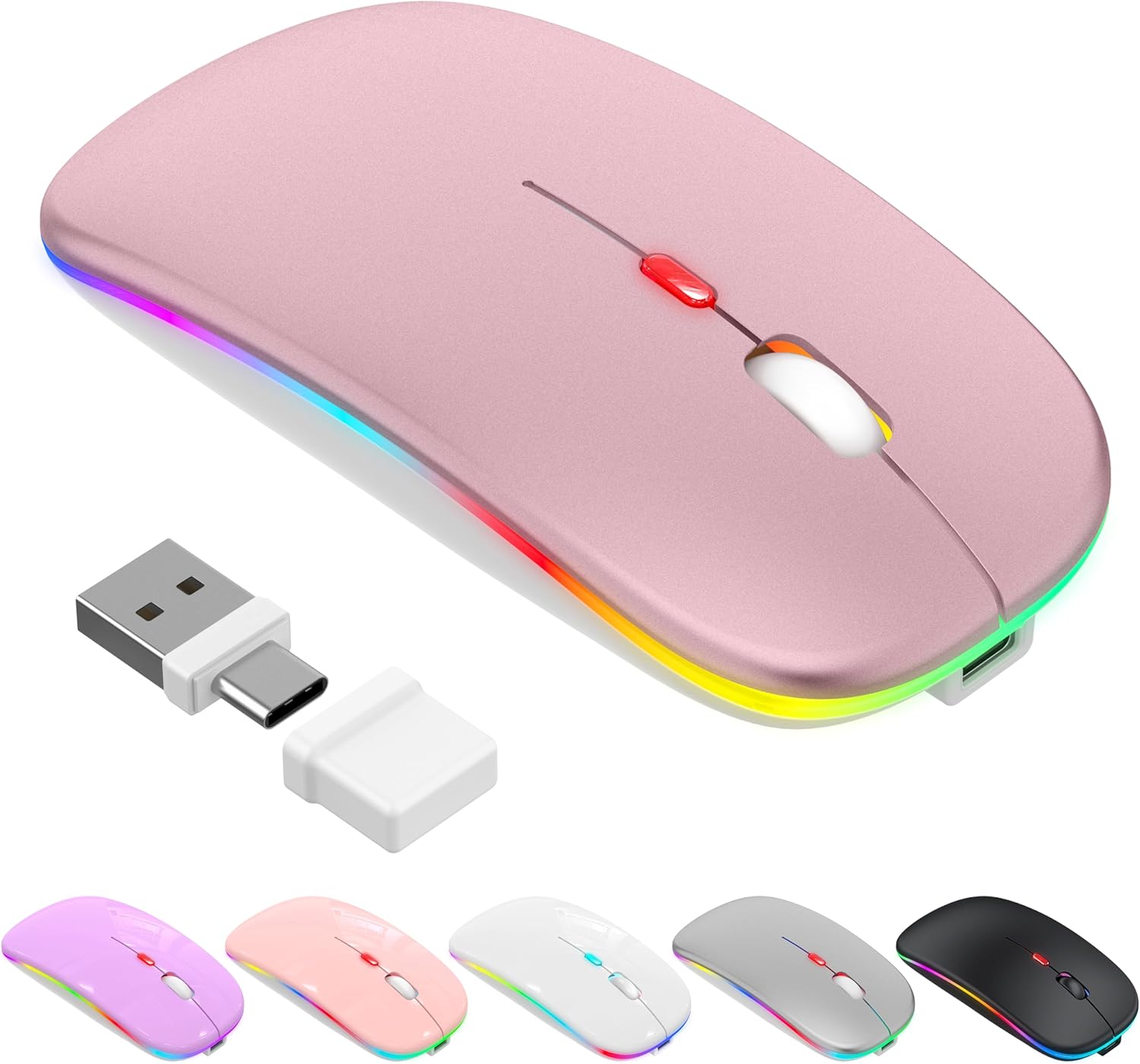 LED Bluetooth Wireless Mouse for MacBook Air Mac Pro Laptop iPad –Rechargeable Silent Light-Up Optical Mouse with Jiggler Dual Mode BT5.2 & USB-A/USB-C for Students, Kids, Girls, Boys – Rose Gold