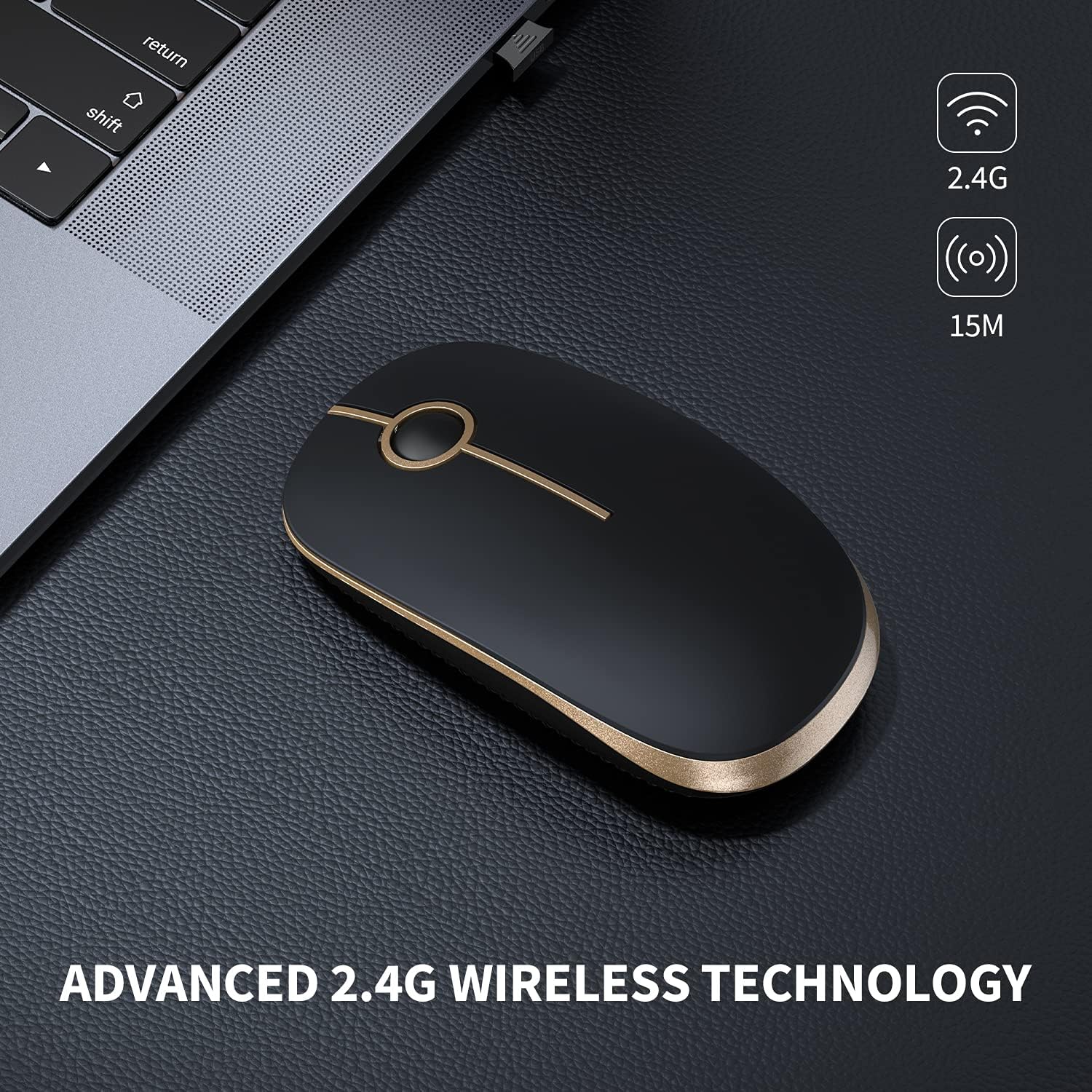 Wireless Mouse, 2.4G Slim Portable Computer Mice with Nano Receiver for Notebook, PC, Laptop, Computer (Black and Gold) - Image 2