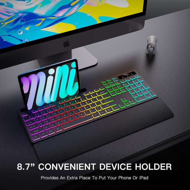 Wireless Keyboard with 7 Colors & 4 Modes RGB Backlit, Ergonomic Keyboard with Wrist Rest, Phone Tablet Holder, 2.4G Light Up Computer Keyboard with Numeric Keypad for Mac, Windows - Image 2