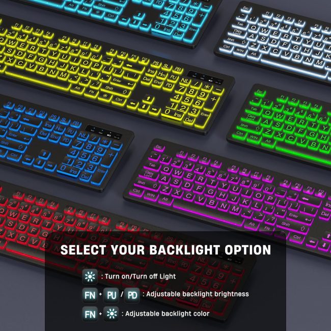 Large Print Backlit Wireless Keyboard, 2.4G Silent Wireless Light Up Keyboard, Full Size Computer Keyboards with 7 Colored Backlits, Rechargeable Keyboards for Windows, PC, Laptop - Image 2